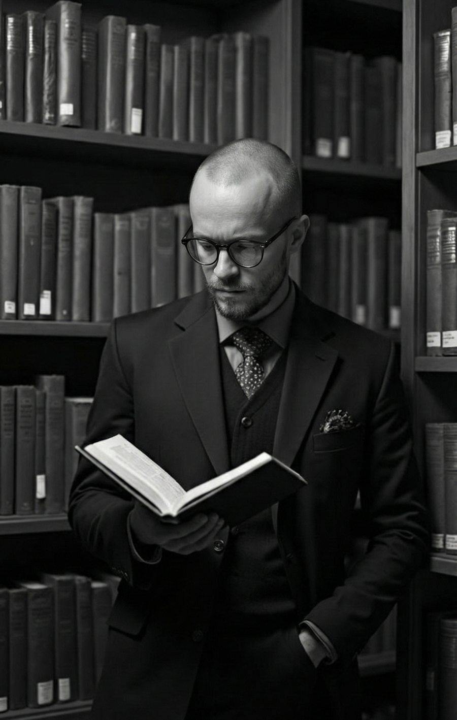 Lucas Bueno, de terno, lendo um livro aberto diante de estantes de uma biblioteca.