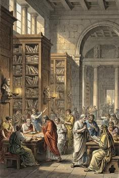 Gravura antiga do interior da Biblioteca de Alexandria: estantes, bustos e homens debatendo entre as colunas.