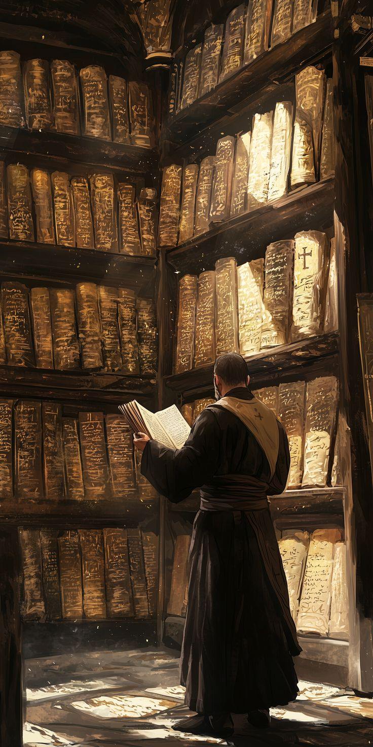 Um homem de hábito diante de estantes lotadas de manuscritos dourados, lendo um volume aberto.