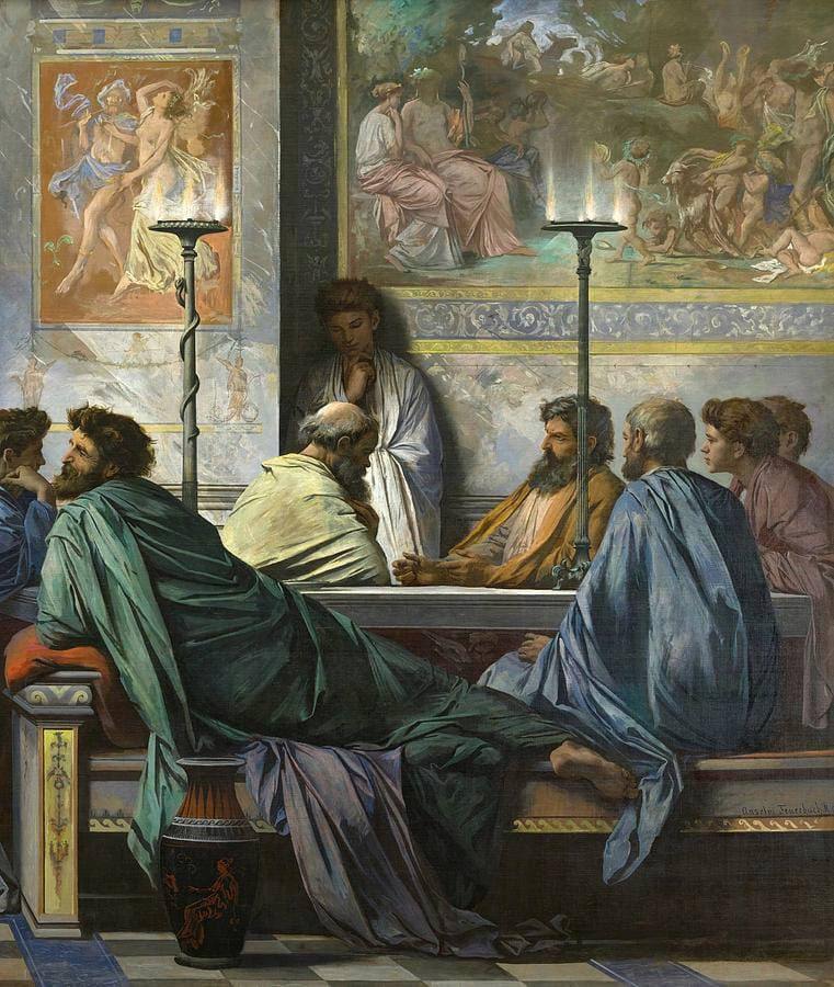 O Banquete: filósofos reclinados conversando à luz de tochas, sob afrescos.